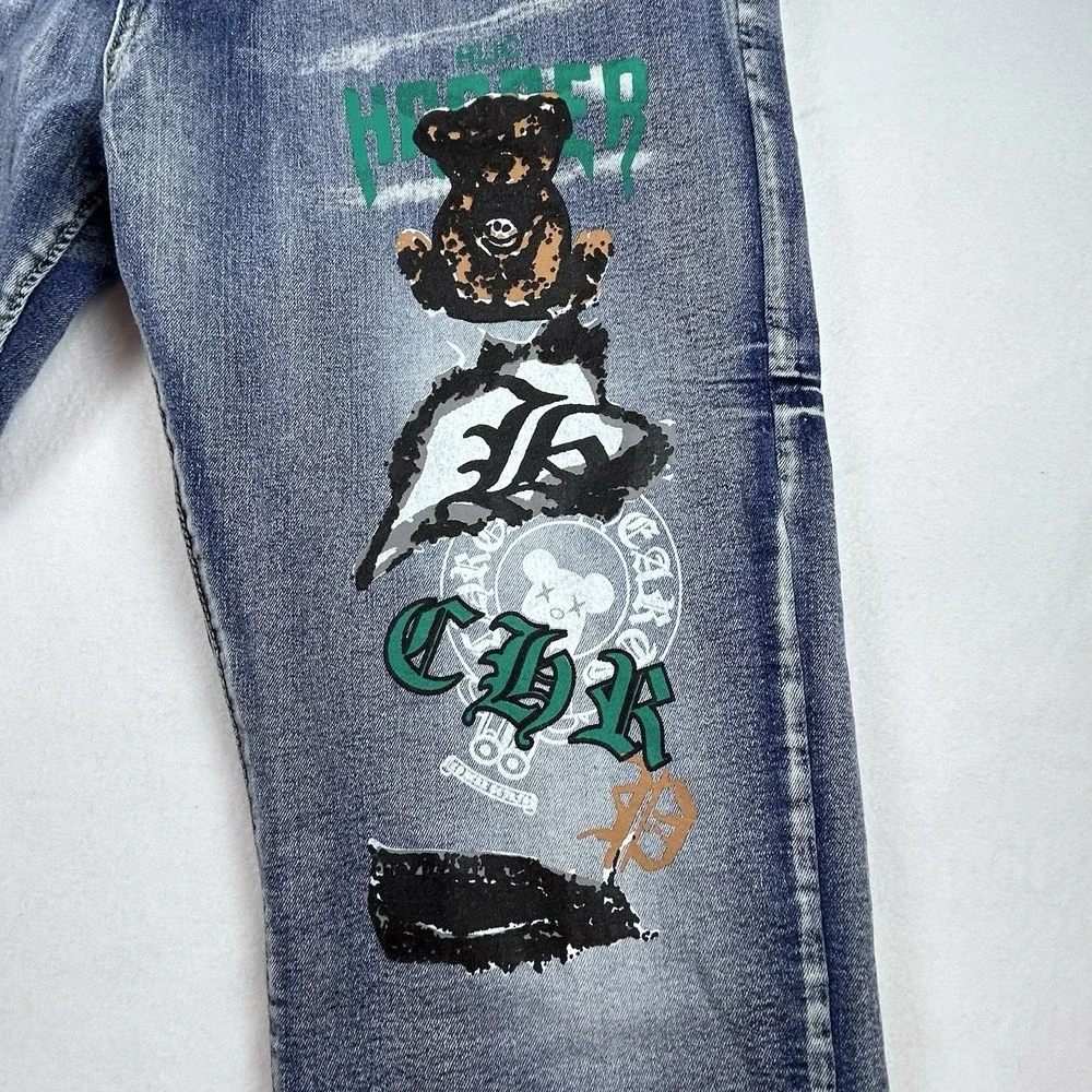 Men's Baggy Graphic Jeans 36 Teddy Bear Graffiti‎ Y2K Streetwear Wide Leg Skater